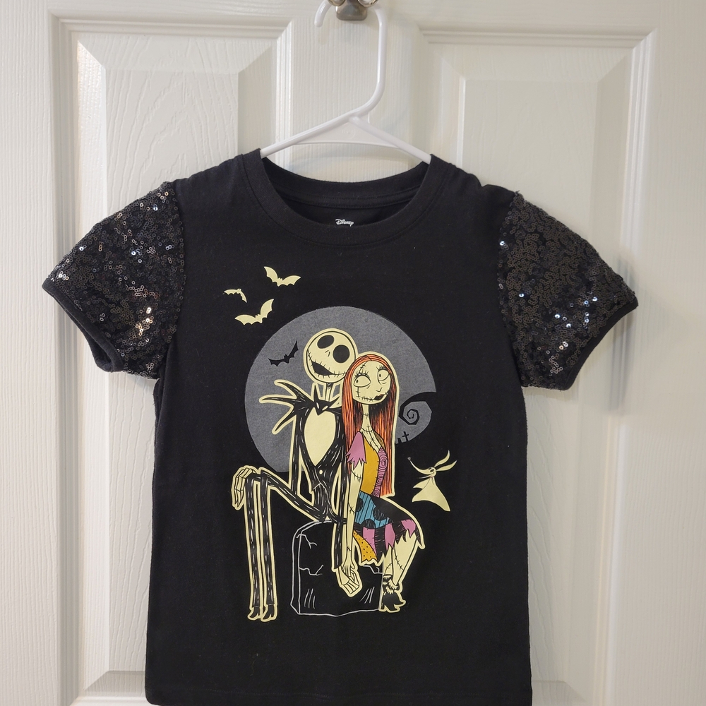Disney Black T-Shirt with Sequin Sleeves and Nightmare Graphic Girl's Size S